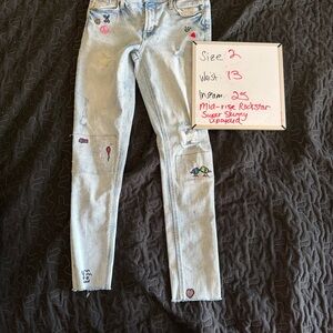 Old Navy Blue Mid-Rise Rockstar Skinny Jeans with Patch and Hand Painted Accents